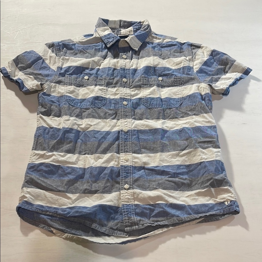 Hang Ten Men’s Button Down Shirt Size M Blue White Striped Short Sleeve Beach